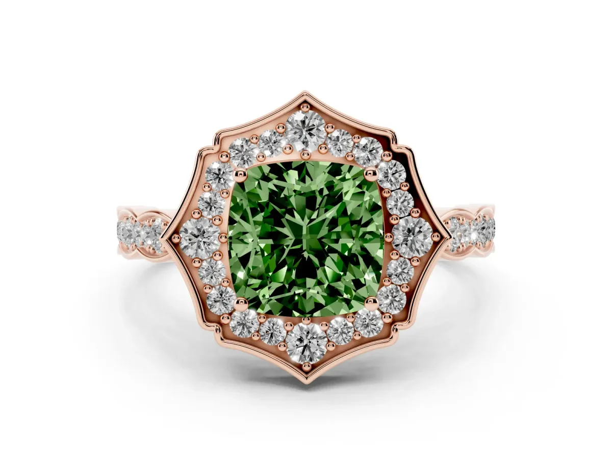 Fancy Green Cushion Cut Halo Diamond Engagement Ring with Milgrain Band and Four-Prong Setting Rose gold