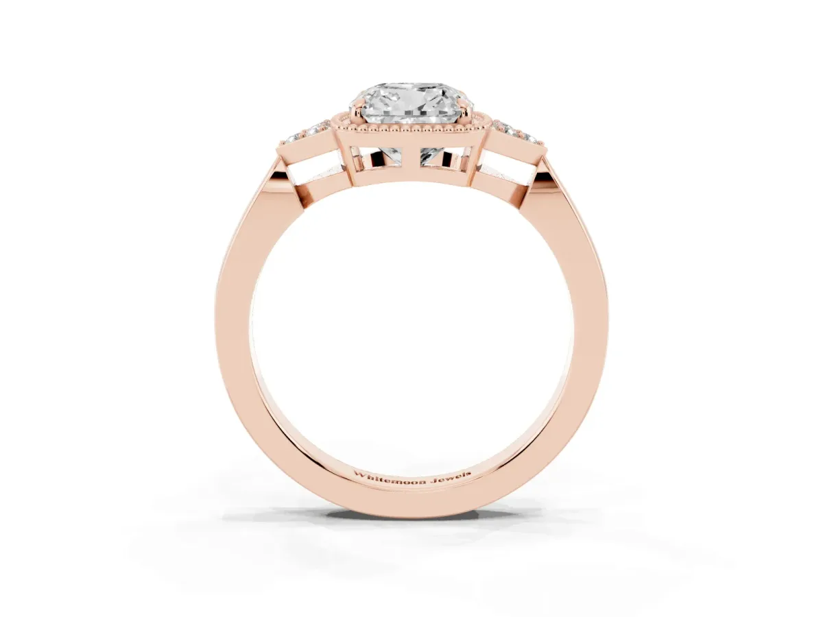 Hexagonal Halo Cushion Cut Diamond Solitaire with Pavé Band and Four-Prong Setting Rose gold