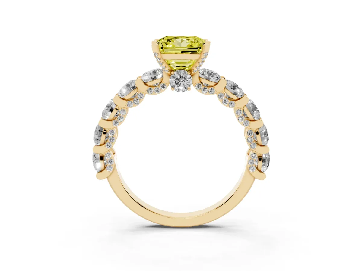 Fancy Yellow Princess Cut Diamond Side Stone Engagement Ring with Four-Prong Setting Yellow gold
