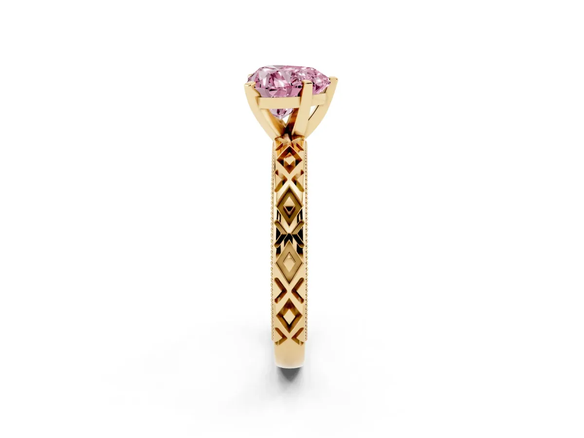 Fancy Pink Heart Cut Solitaire Diamond Ring with Milgrain and Black Enamel X Pattern Band Yellow gold