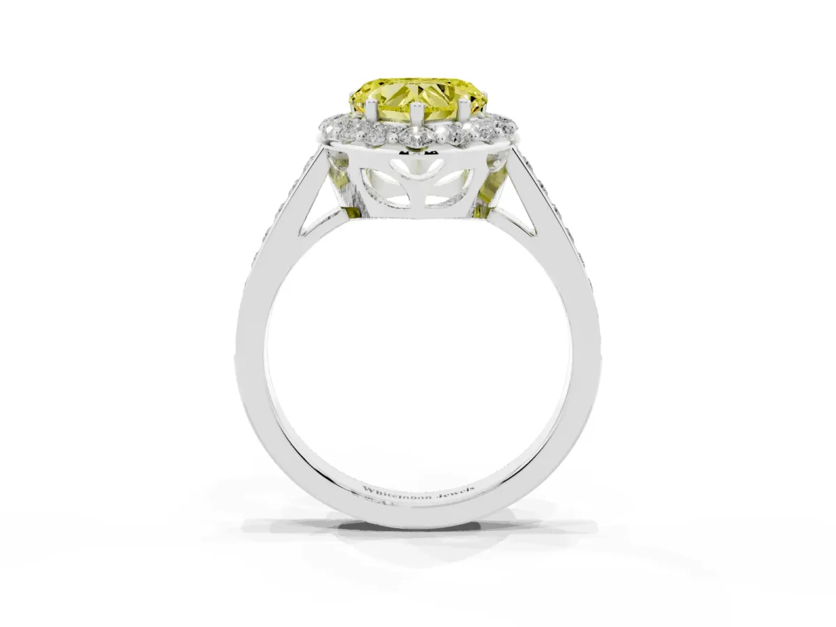 Fancy Yellow Heart Cut Diamond Floral Halo Ring with Pavé Band and Prong Setting Platinum