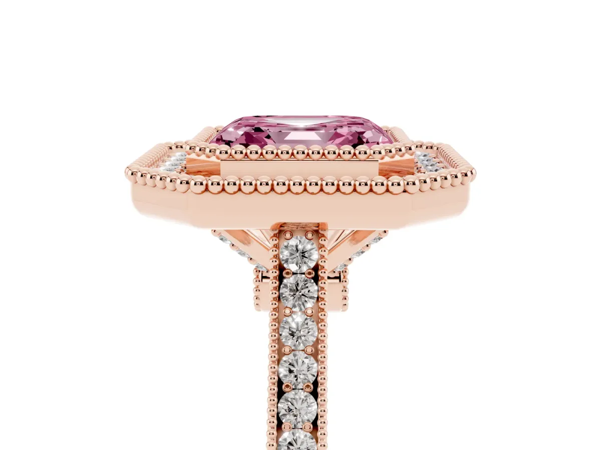 Fancy Pink Asscher Cut Diamond Halo Ring with Milgrain Frame and Pavé Band Rose gold