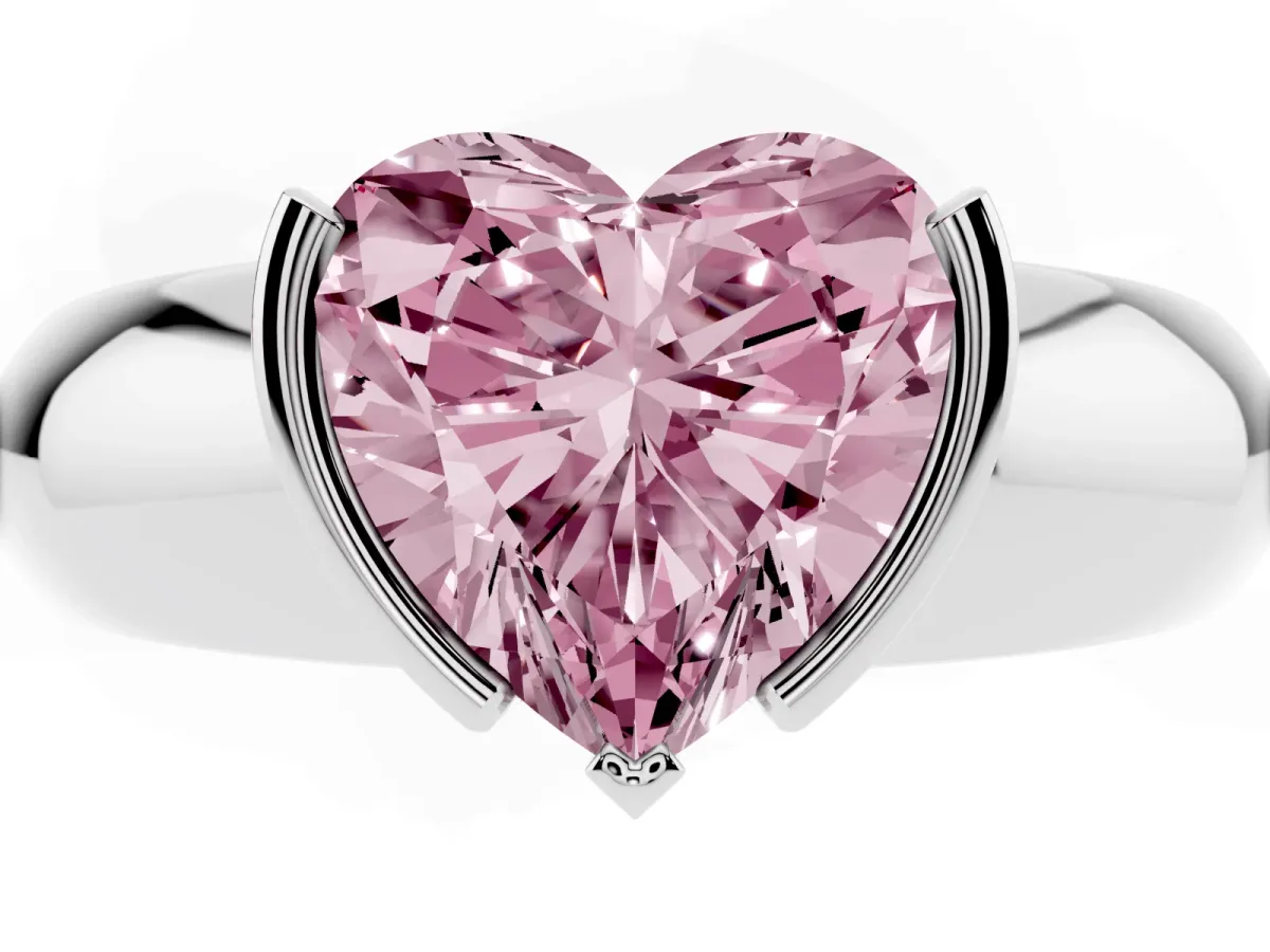 Fancy Pink Heart Cut Solitaire Tension Set Diamond Ring with Wide Band White gold