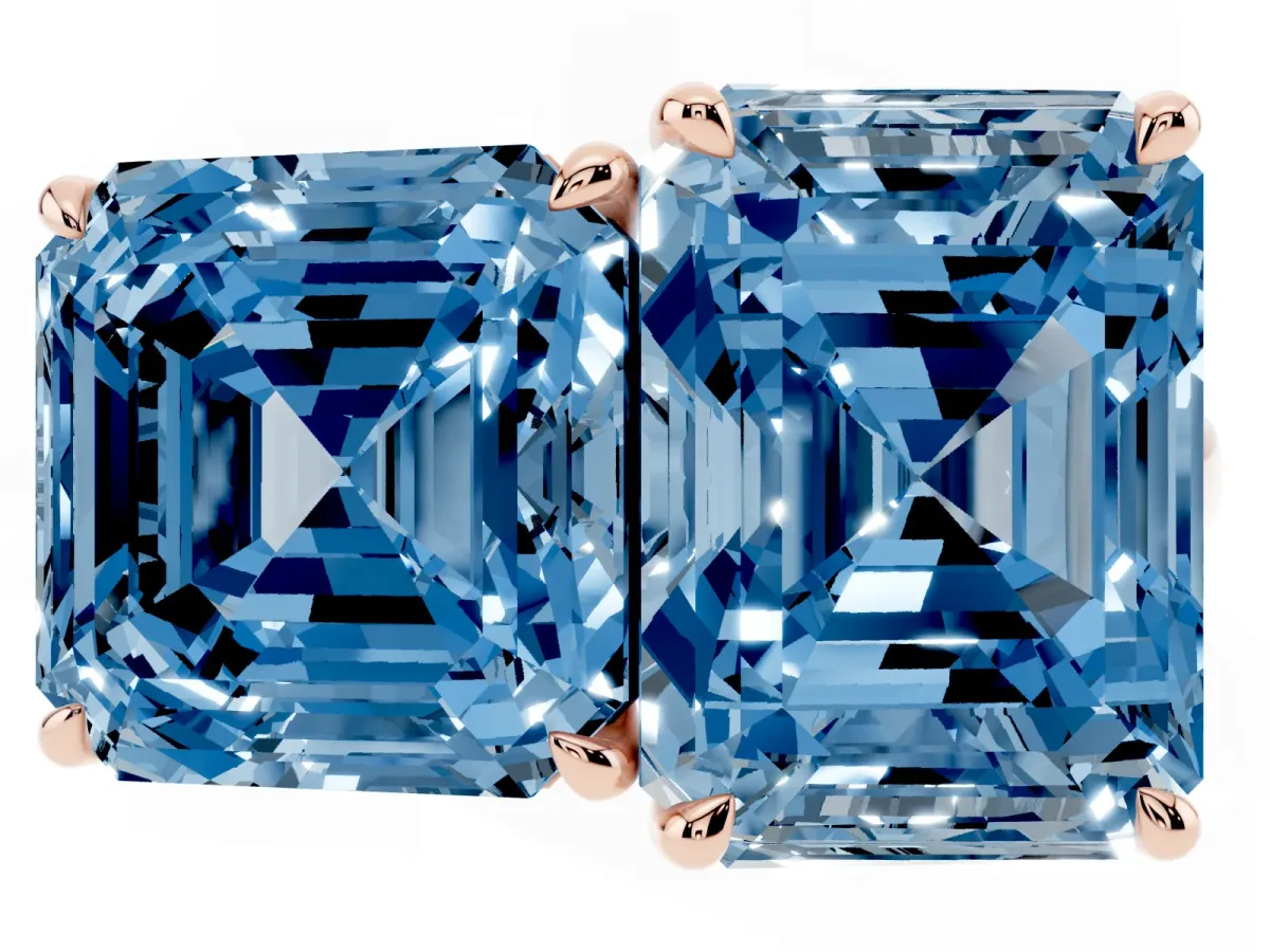 Fancy Blue Asscher Cut and Emerald Cut Toi Moi Ring with Prong Setting Rose gold