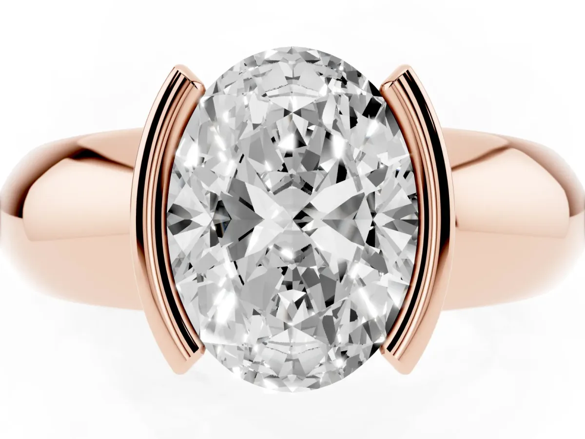 Oval Cut Solitaire Tension Set Diamond Ring with Wide Band Rose gold