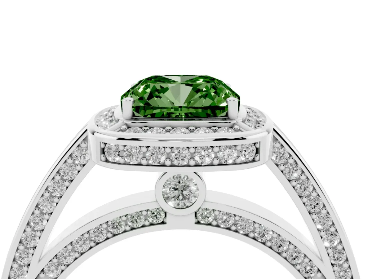 Fancy Green Cushion Cut Cut Halo Pave Split Shank Prong Setting Ring Silver