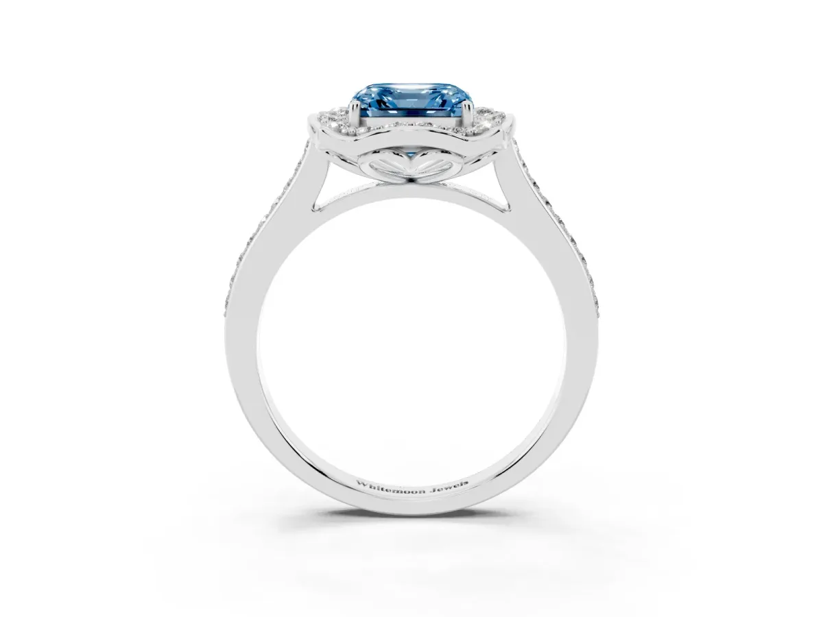 Fancy Blue Asscher Cut Halo Round Diamond Pave Band with Four-Prong Setting Silver