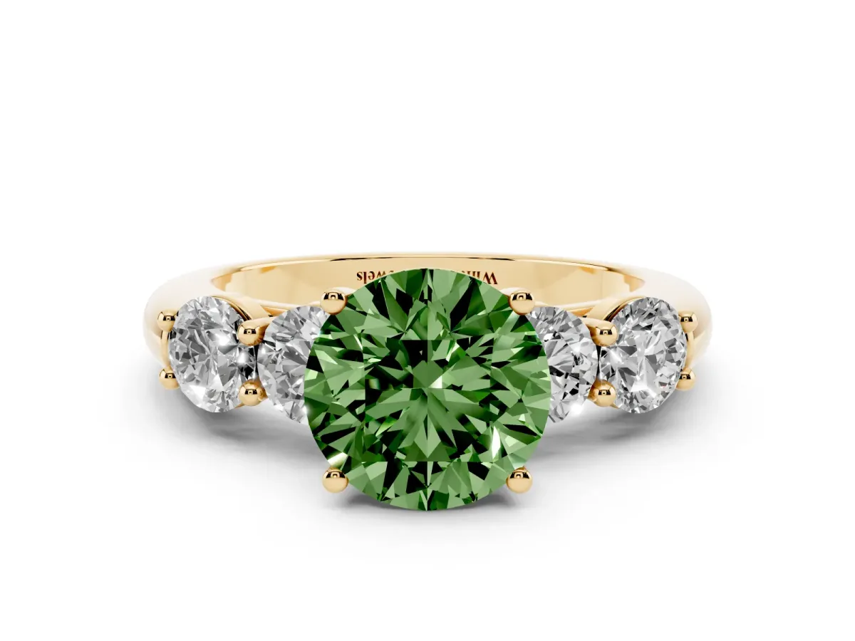 Fancy Green Round Cut Cut Five-Stone Prong Set Diamond Ring with Classic Band Yellow gold