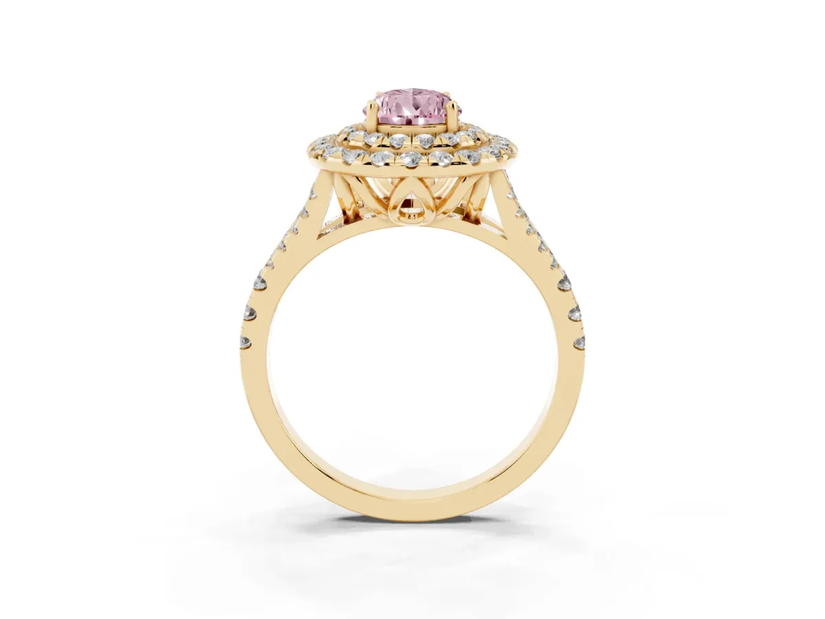 Fancy Pink Double Halo Pear Cut Diamond Pavé Split Shank Ring with Prong Setting Yellow gold