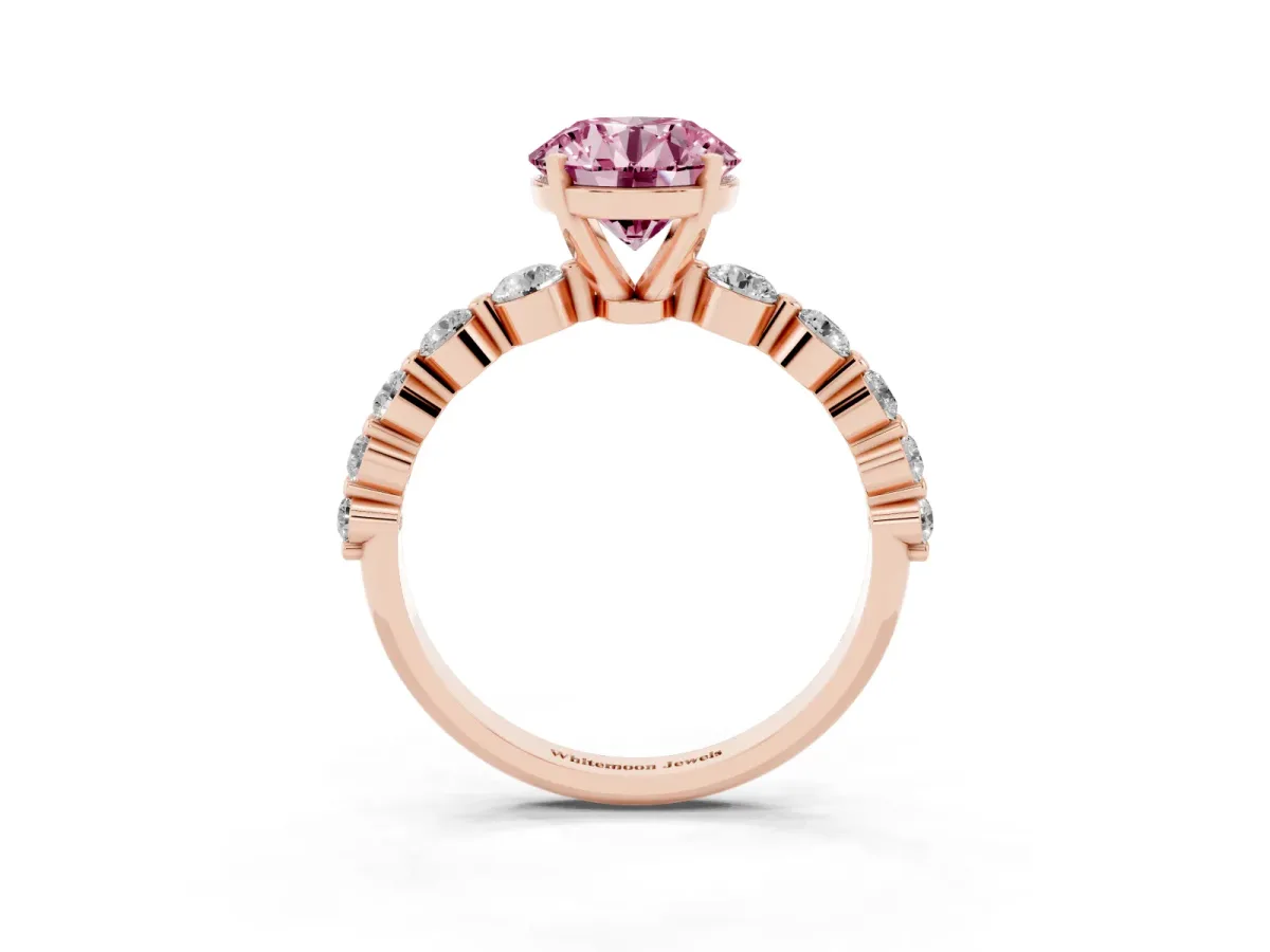 Fancy Pink Round Cut Solitaire Diamond Ring with Pave Band and Four-Prong Setting Rose gold