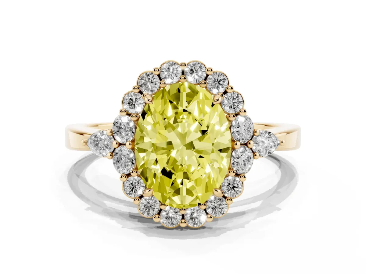 Fancy Yellow Oval Cut Diamond Halo Ring with Pear Side Stones and Prong Setting Yellow gold