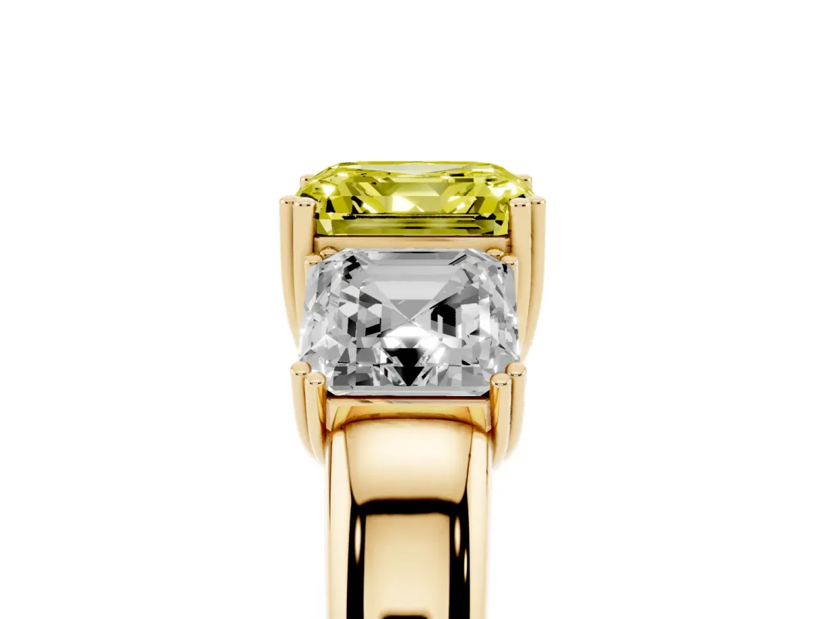 Fancy Yellow Three-Stone Asscher Cut Cut Diamond Ring with Channel Set Band and Four-Prong Setting Yellow gold