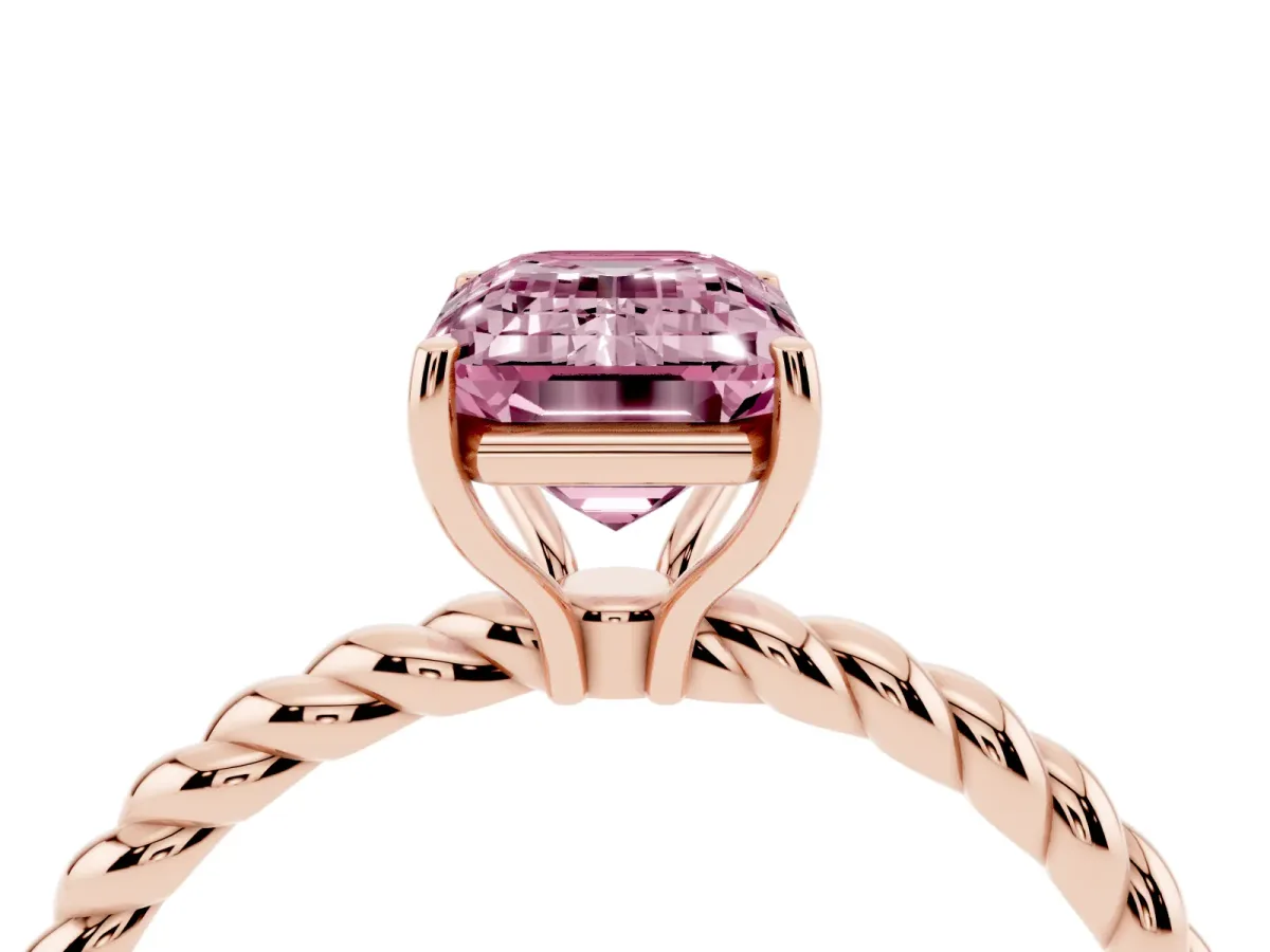 Fancy Pink Emerald Cut Solitaire Twisted Band 4-Prong Ring Rose gold