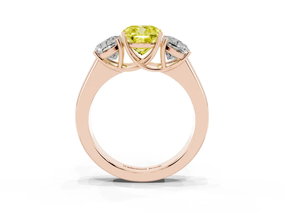 Fancy Yellow Three-Stone Cushion Cut Cut Diamond Ring with Prong Setting and Classic Band Rose gold