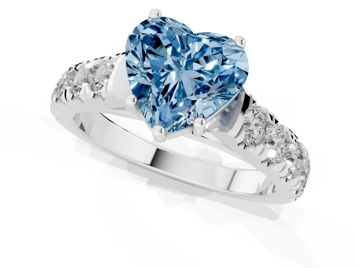 Fancy Blue Heart Cut Cut Diamond Solitaire Ring with Micro Pave Band and Prong Setting Silver