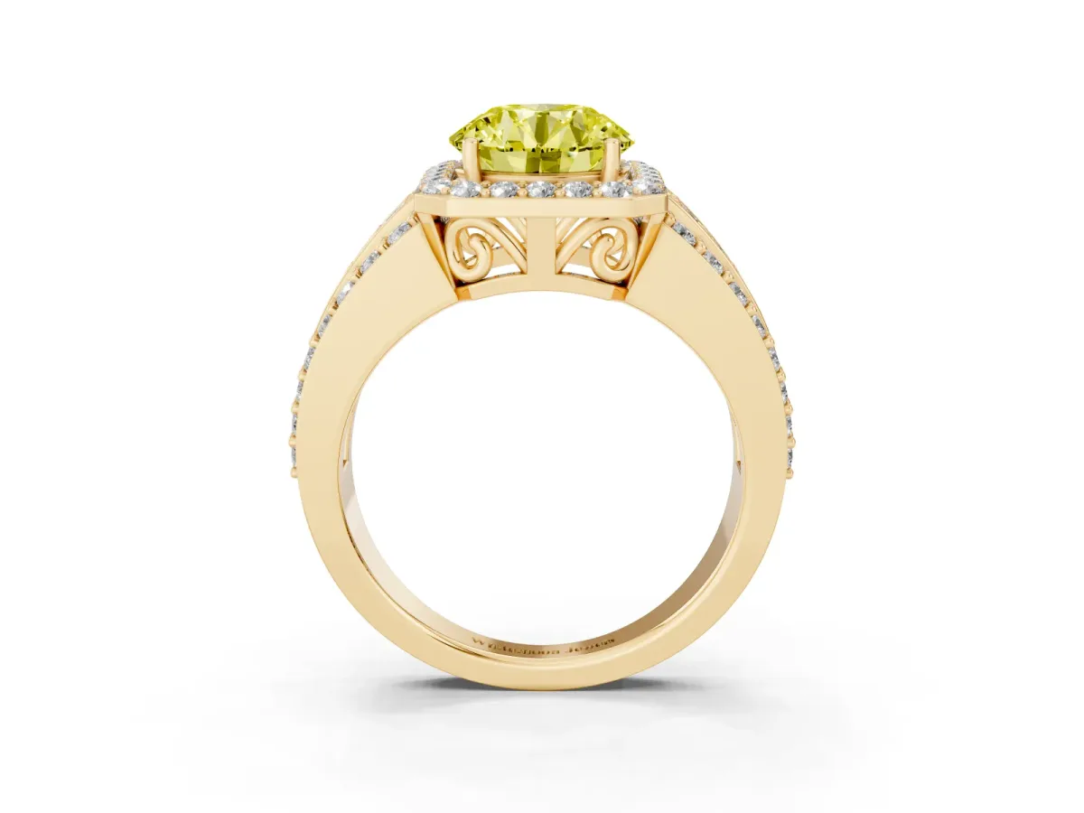 Fancy Yellow Round Cut Halo Diamond Ring with Round Split Shank and Prong Setting Yellow gold