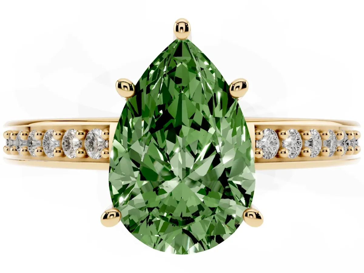 Fancy Green Pear Cut Solitaire Pavé Band Prong Setting Ring Yellow gold