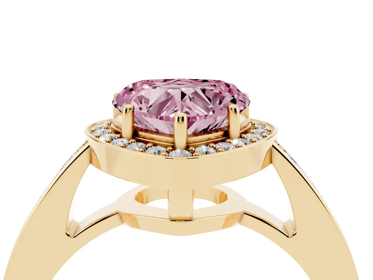 Fancy Pink Heart Cut Halo Pavé Diamond Engagement Ring with Bezel Setting Yellow gold