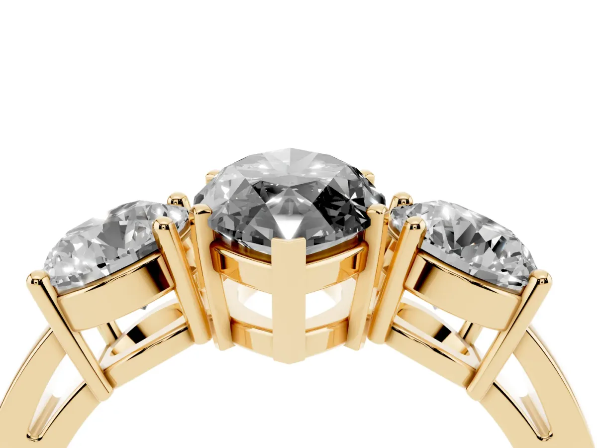 Fancy Black Three-Stone Marquise Cut Diamond Ring with Round Side Stones, Classic Band, and Four-Prong Setting Yellow gold