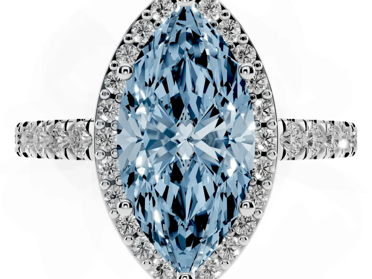 Fancy Blue Marquise Cut Cut Halo Diamond Engagement Ring with Pave Band and Four-Prong Setting Silver