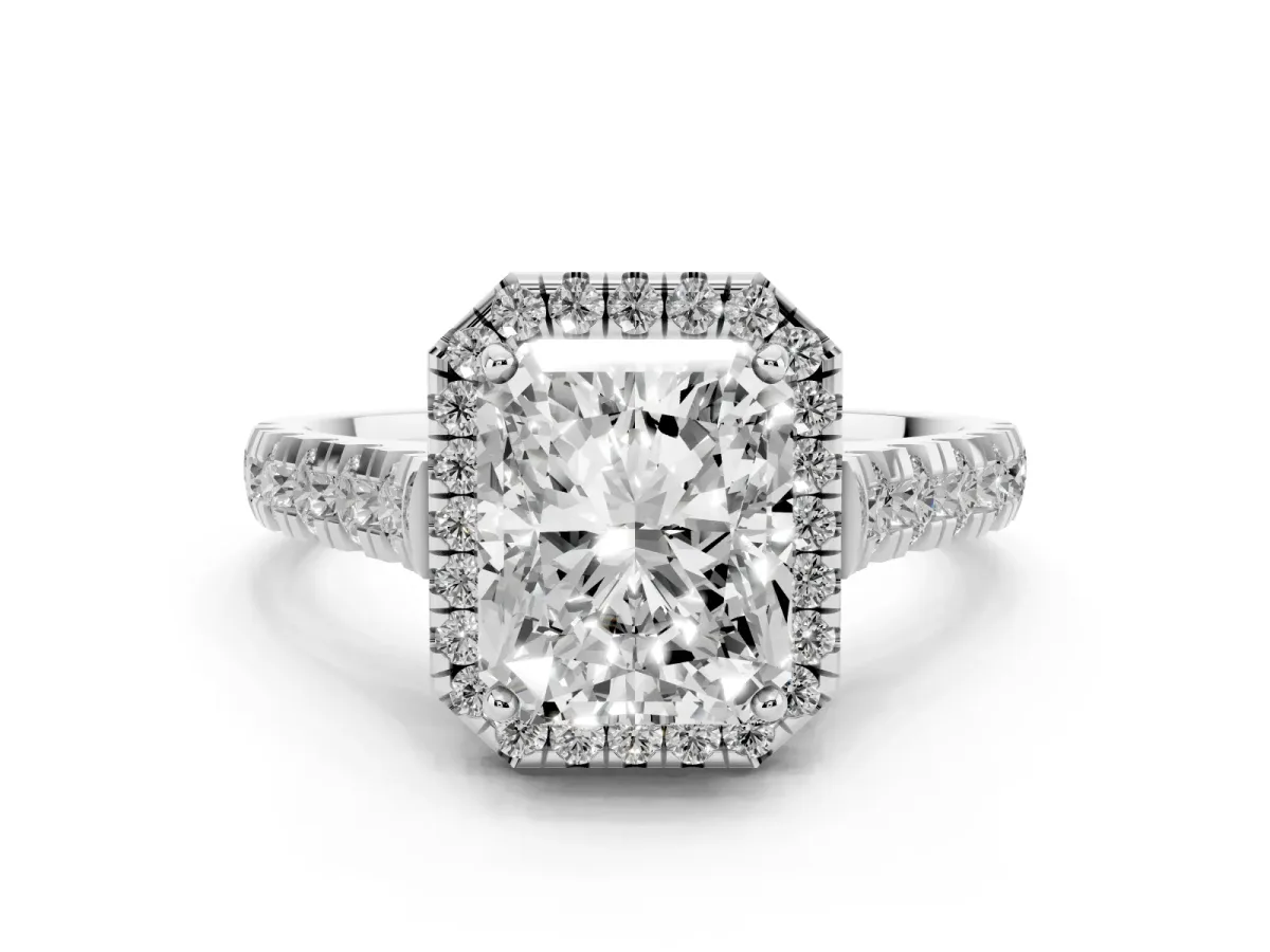 Radiant Cut Halo Pavé Diamond Engagement Ring with Four-Prong Setting Silver
