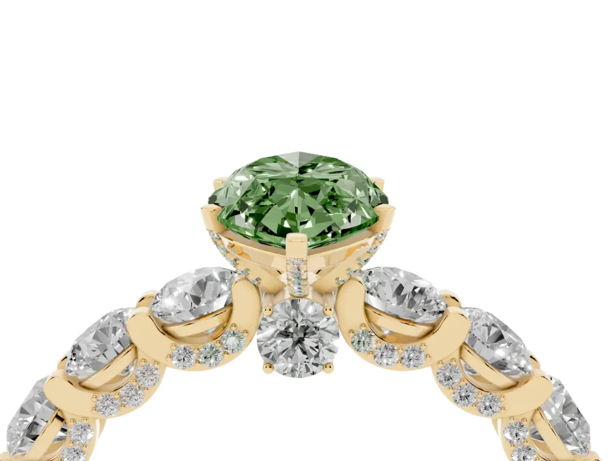 Fancy Green Marquise Cut Diamond Side Stone Engagement Ring with Four-Prong Setting Yellow gold