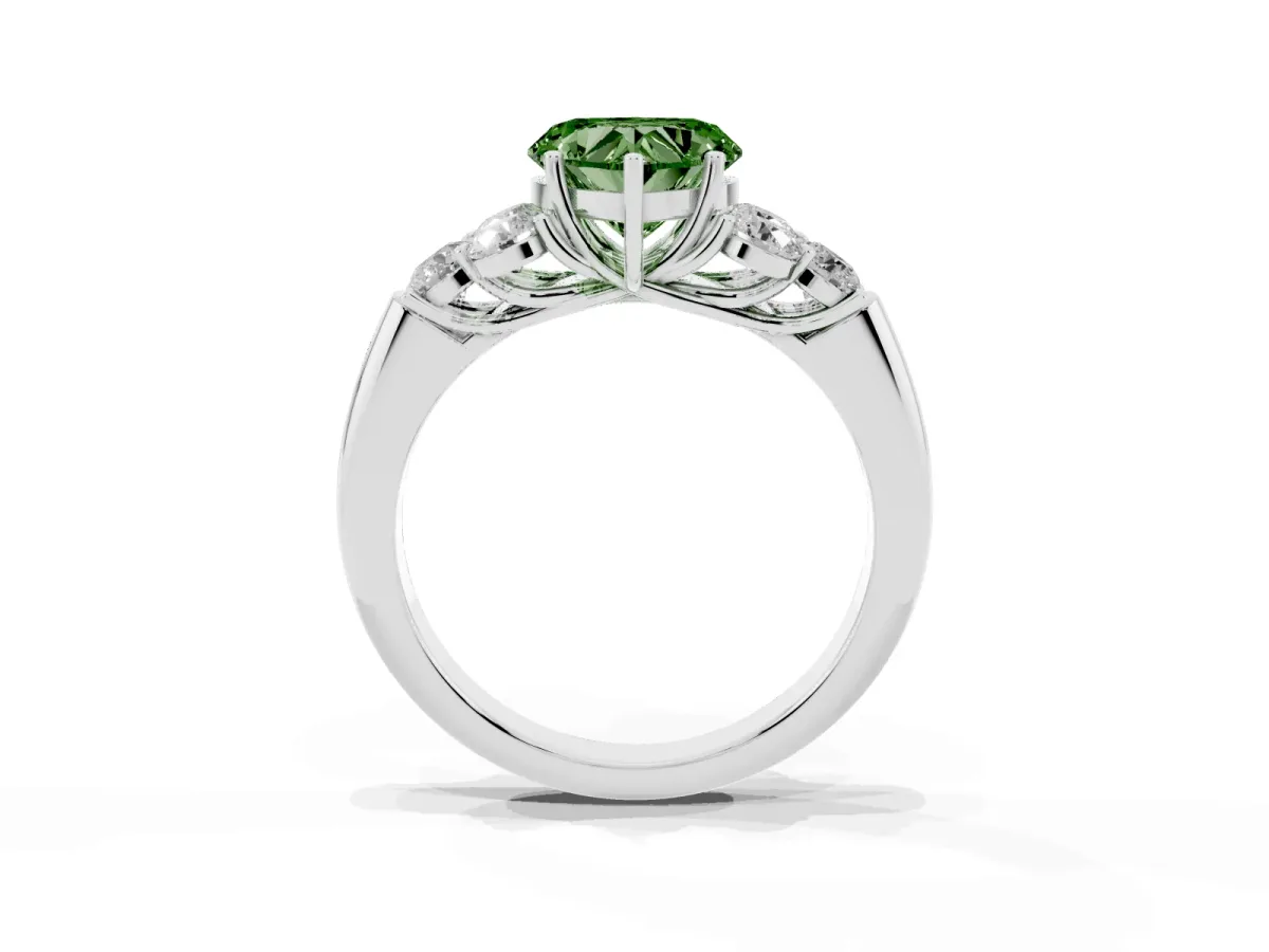 Fancy Green Heart Cut Cut Diamond Cluster Ring with Round Accent Stones and Prong Setting on a Classic Band White gold