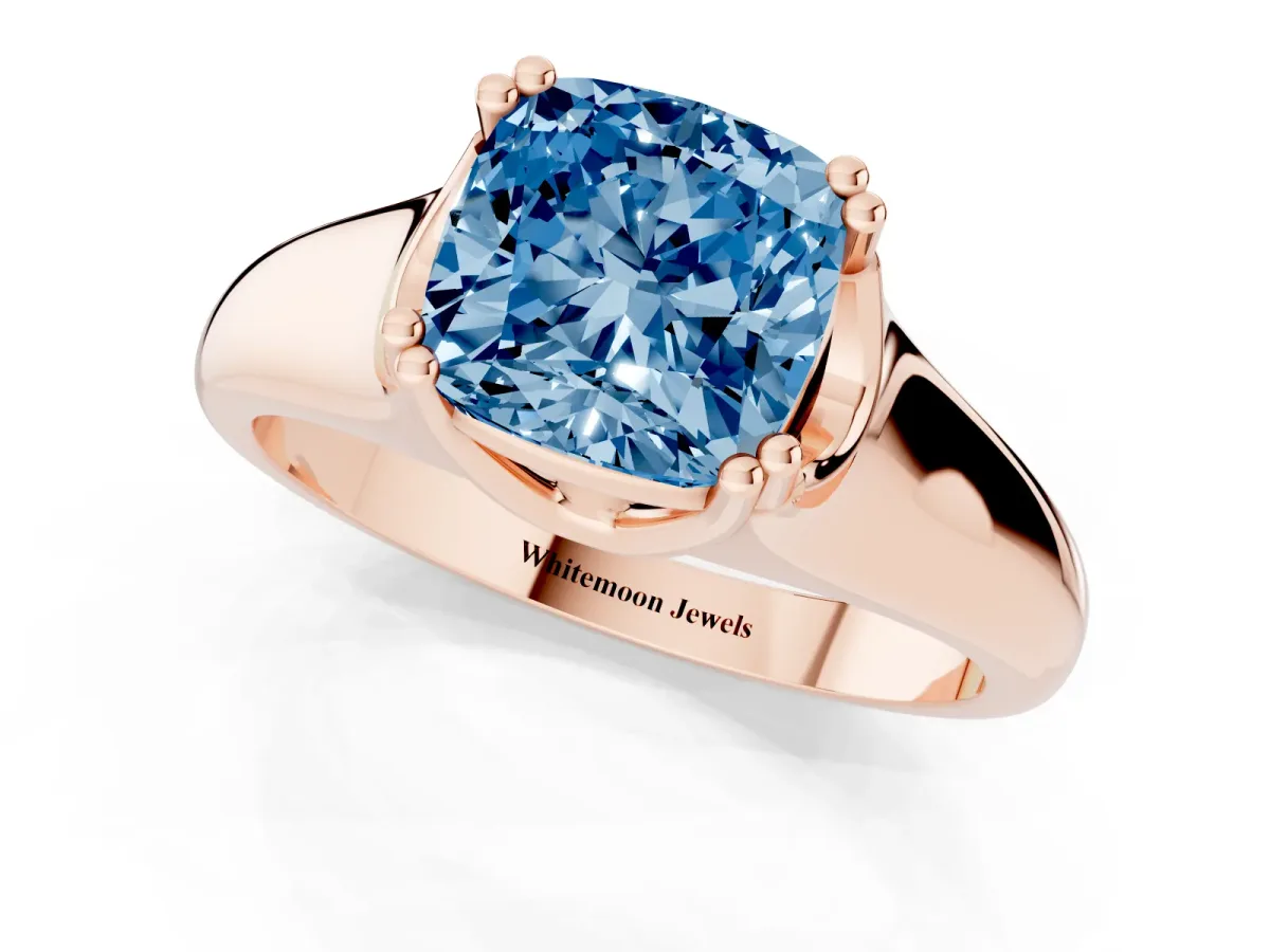 Fancy Blue Cushion Cut Diamond Solitaire Ring with Wide Band and Prong Setting Rose gold