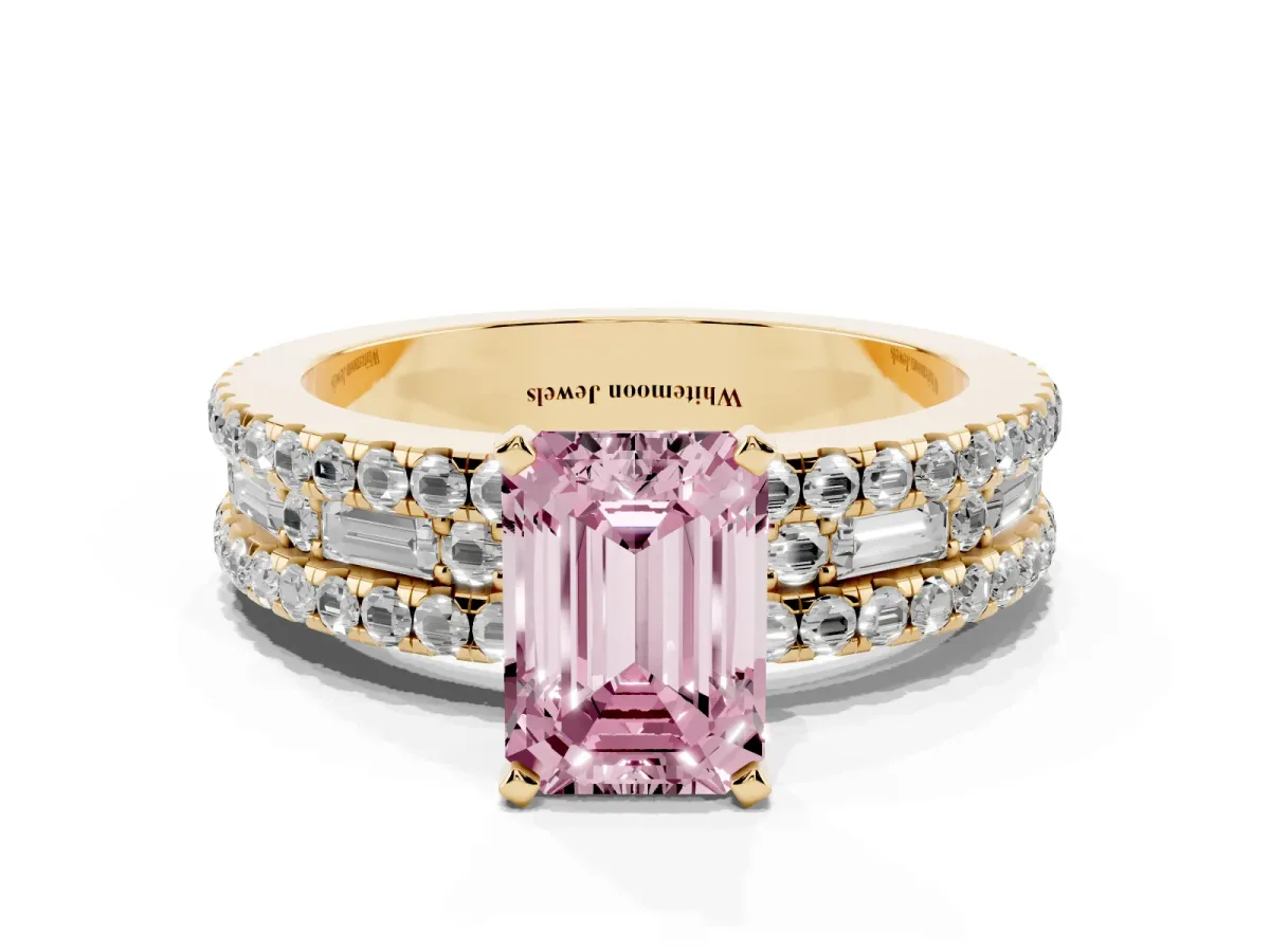 Fancy Pink Emerald Cut Diamond Solitaire Ring with Pavé and Channel Set Band Yellow gold