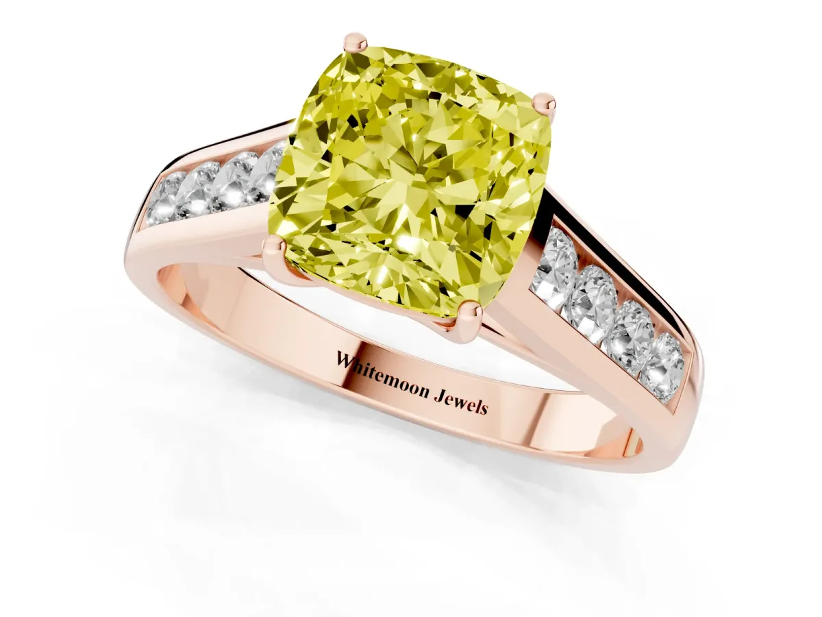 Fancy Yellow Cushion Cut Solitaire Channel-Set Diamond Engagement Ring with Four-Prong Setting Rose gold