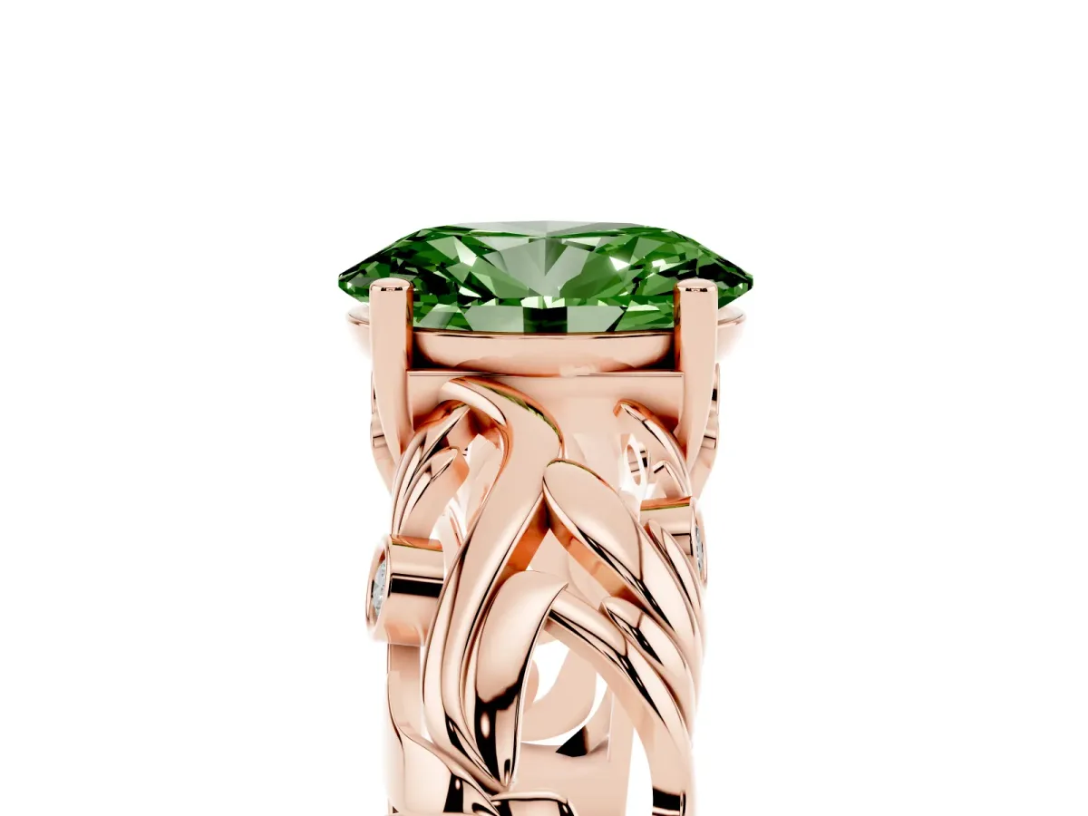 Fancy Green Oval Cut Solitaire Diamond Leaf-Inspired Vine Band Ring with Prong Setting Rose gold