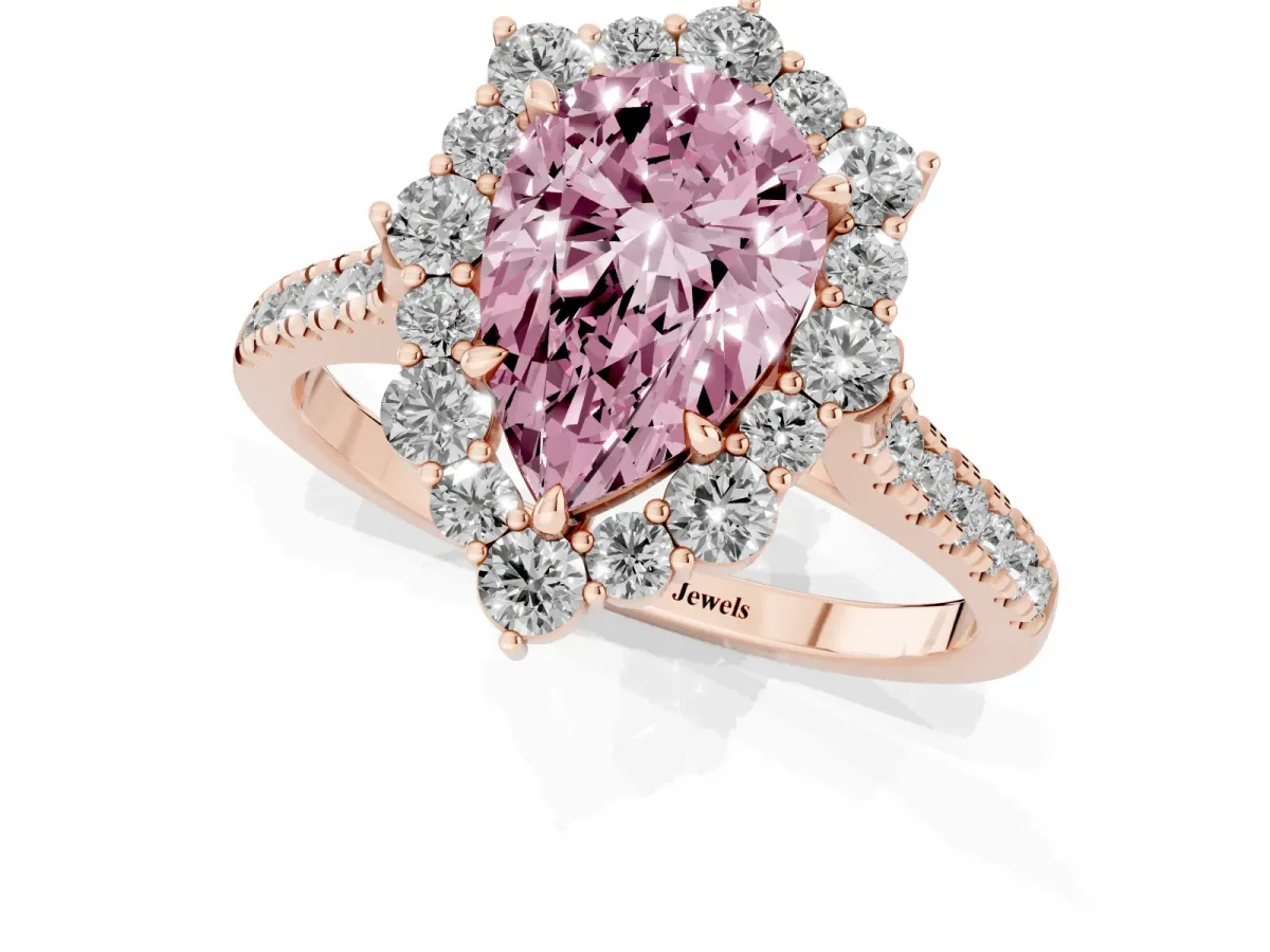 Fancy Pink Pear Cut Halo Diamond Ring with Pavé Band and Prong Setting Rose gold