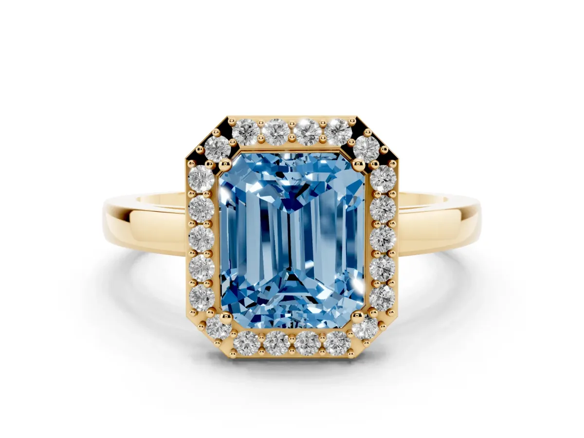 Fancy Blue Radiant Cut Halo Diamond Ring with Solitaire Band and Prong Setting Yellow gold