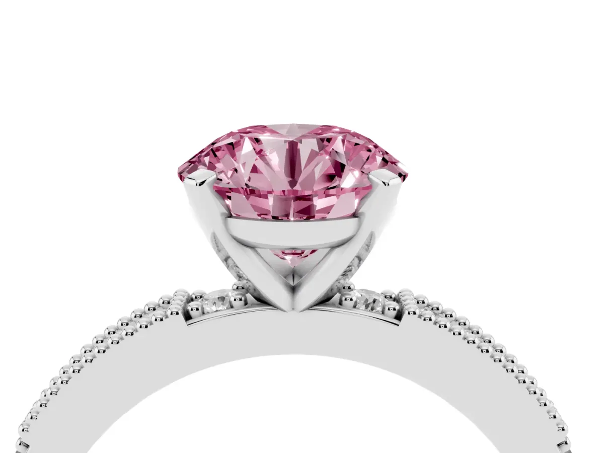 Fancy Pink Round Cut Solitaire with Pavé Band and Four-Prong Setting Silver