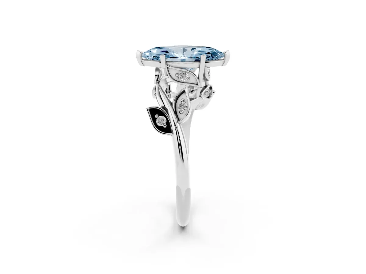 Fancy Blue Marquise Cut Solitaire Twist Engagement Ring with Leaf Accents and Prong Setting Platinum