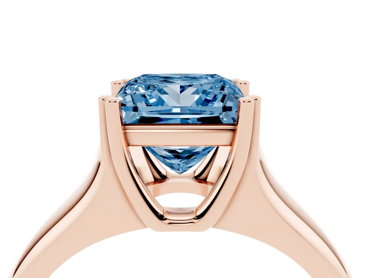 Fancy Blue Princess Cut Diamond Solitaire Ring with Wide Band and Prong Setting Rose gold