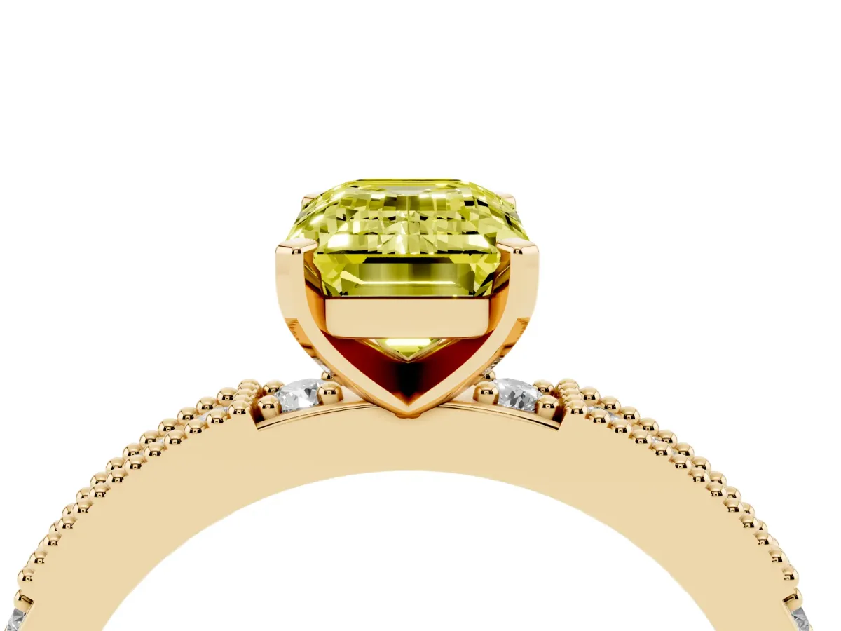 Fancy Yellow Emerald Cut Solitaire with Pavé Band and Four-Prong Setting Yellow gold