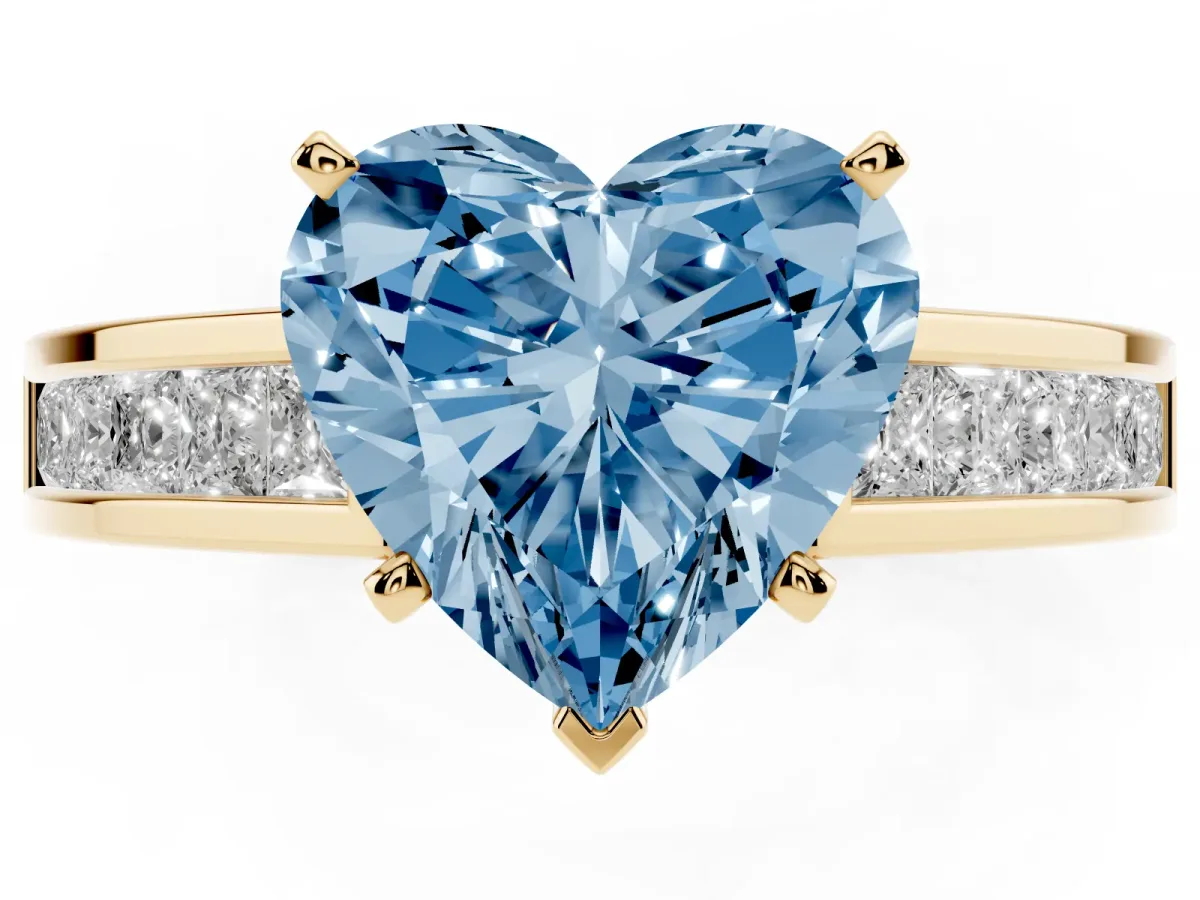 Fancy Blue Heart Cut Solitaire Diamond Ring with Channel-Set Band and Four-Prong Setting Yellow gold