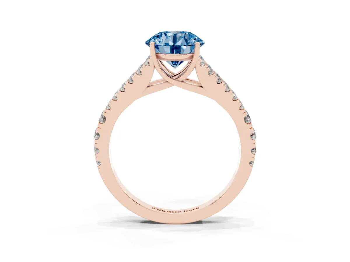 Fancy Blue Round Cut Diamond Split Shank Pavé Engagement Ring with Four-Prong Setting Rose gold