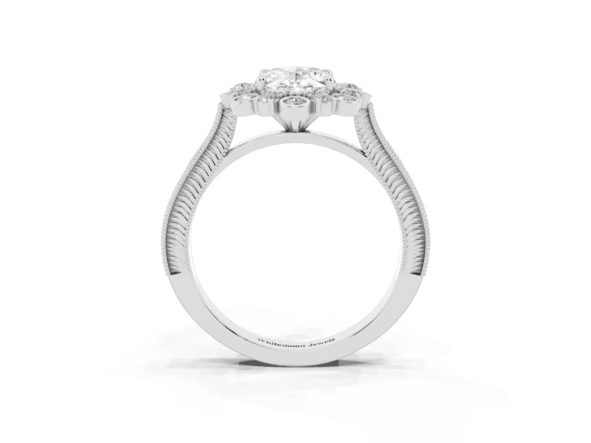 Oval Cut Halo Milgrain Pave Diamond Ring with Four-Prong Setting Silver