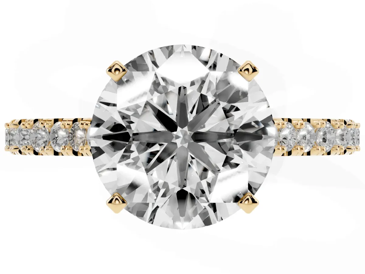 Round Cut Cut Solitaire Diamond Engagement Ring with Pave Band and Four-Prong Setting Yellow gold