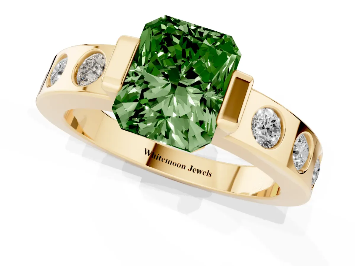 Fancy Green Radiant Cut Brilliant Channel-Set Diamond Ring with Bezel Prong Setting Yellow gold