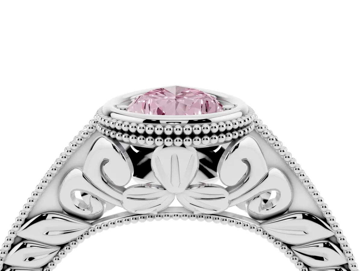 Fancy Pink Bezel Set Pear Cut Diamond Milgrain Pave Engagement Ring Platinum