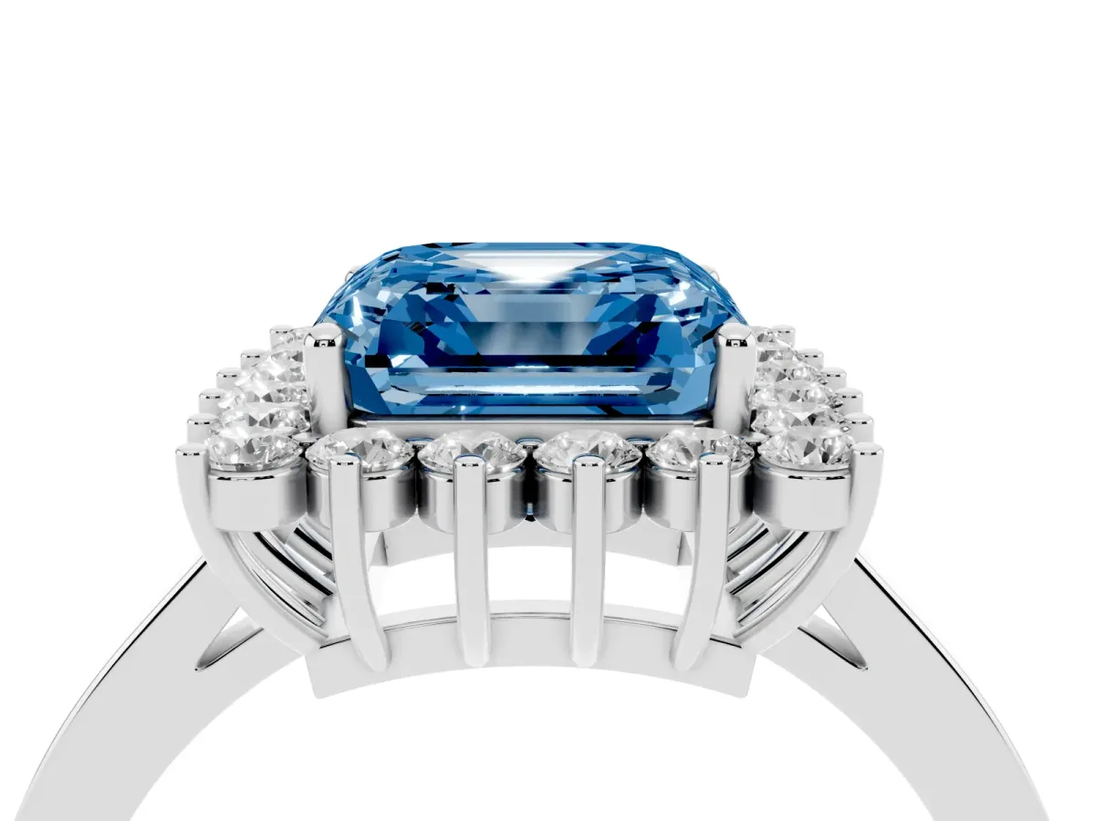 Fancy Blue Asscher Cut Cut Diamond Halo Ring with Round Brilliant Halo and Solitaire Band Platinum