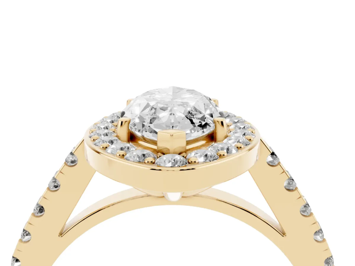 Marquise Cut Diamond Halo Ring with Round Pavé Split Shank and Prong Setting Yellow gold