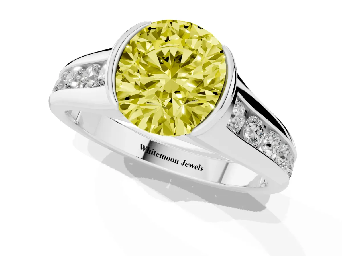 Fancy Yellow Round Cut Solitaire Bezel-Set Diamond Ring with Channel-Set Band Silver
