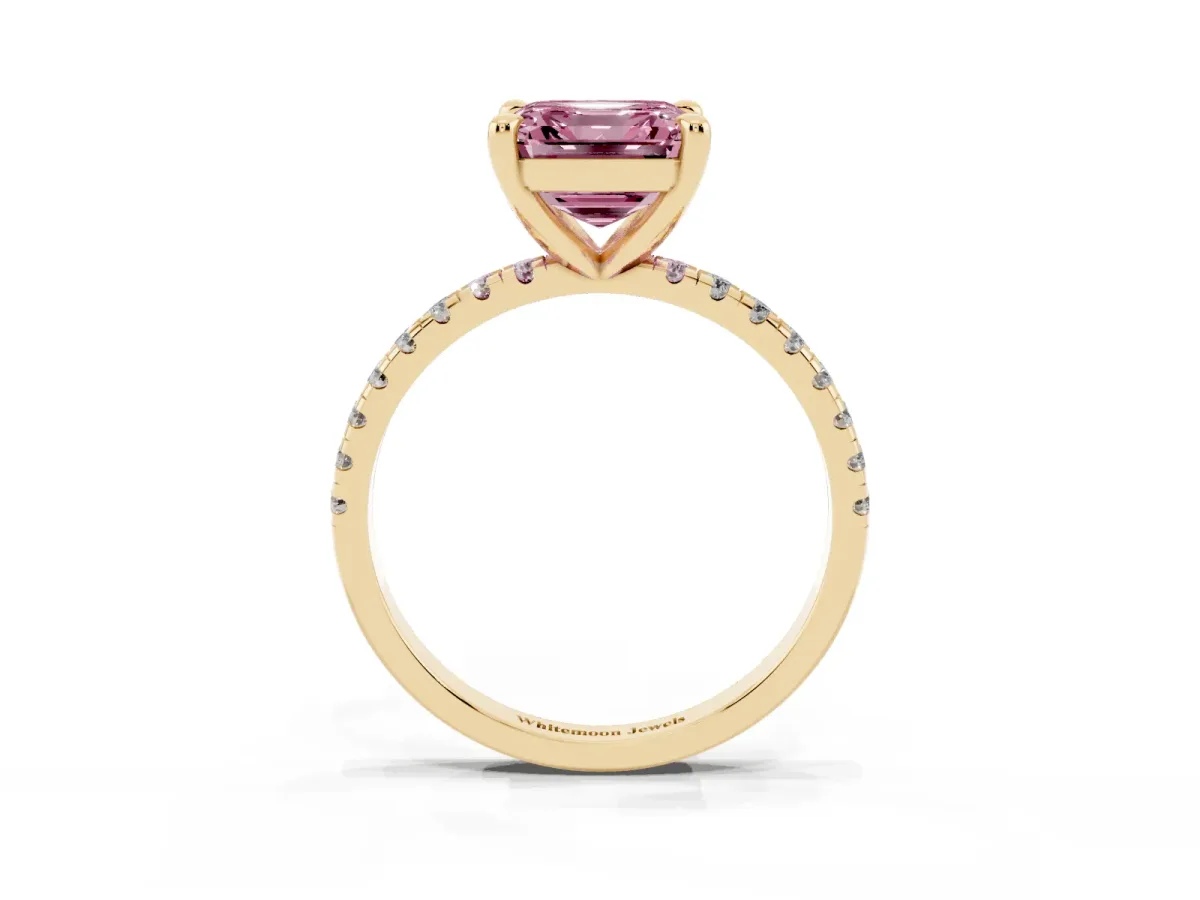 Fancy Pink Asscher Cut Diamond Brilliant Solitaire Ring with Pavé Band and Four-Prong Setting Yellow gold