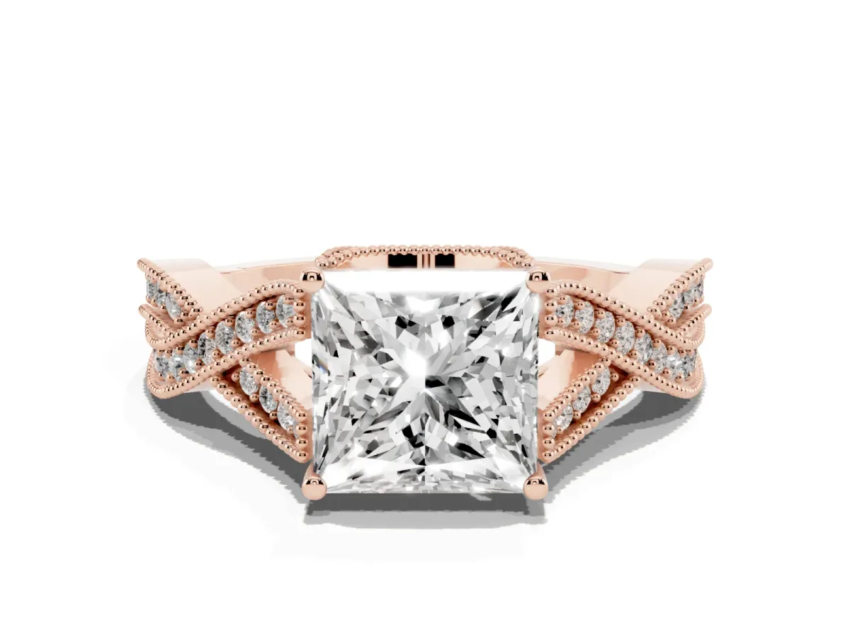 Princess Cut Cut Diamond Twisted Band with Milgrain Pave Setting and Four-Prong Setting Rose gold