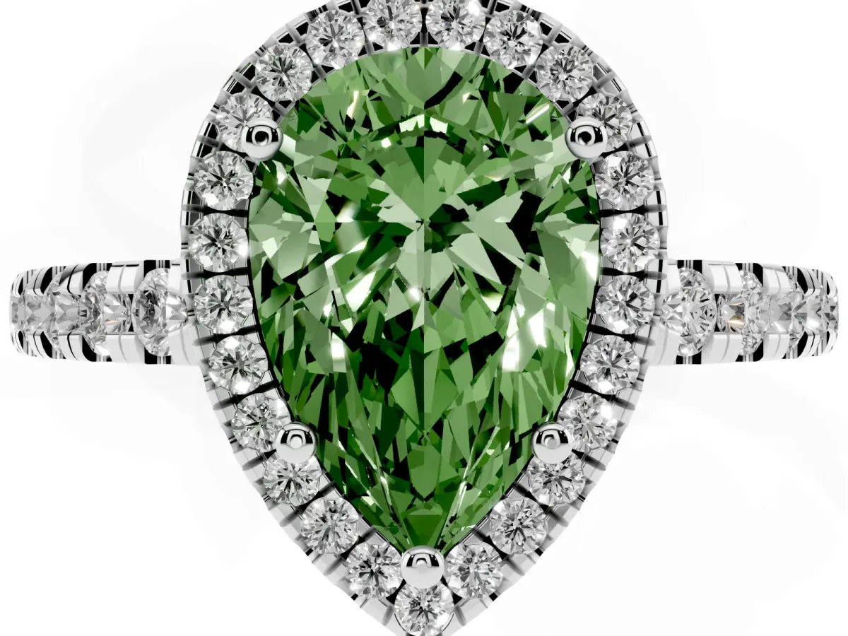 Fancy Green Pear Cut Diamond Halo Ring with Pavé Band and Four-Prong Setting Silver
