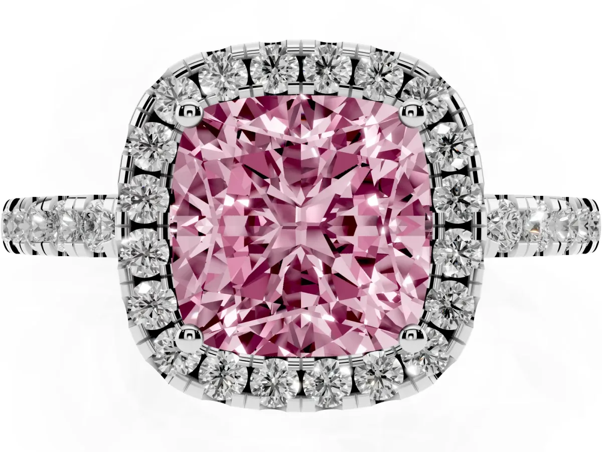Fancy Pink Cushion Cut Halo Diamond Engagement Ring with Pavé Band and Four-Prong Setting Platinum